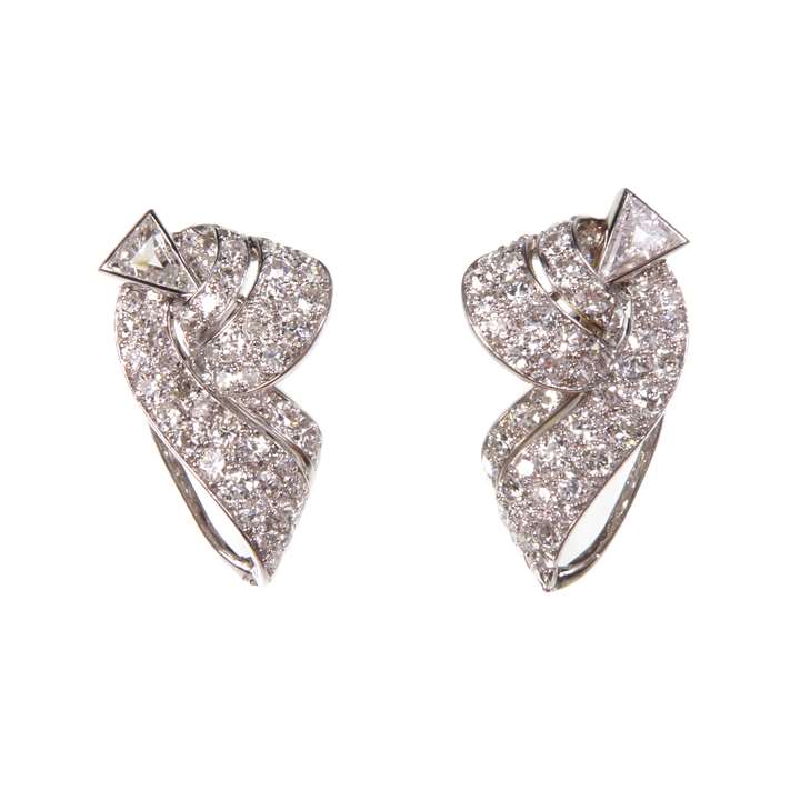 Pair of diamond scroll cluster earrings with fancy cut stones